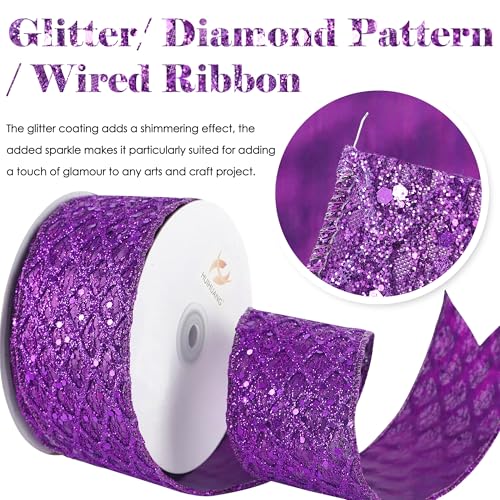 Purple Glitter Diamond Christmas Wired Ribbon 2.5 inch x 10 Yds (30 Foot)
