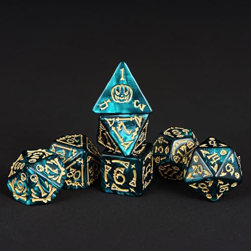 7 Die DND Dice Set Scary Pattern Polyhedral Dice Set with Dice Bag (7 Count)