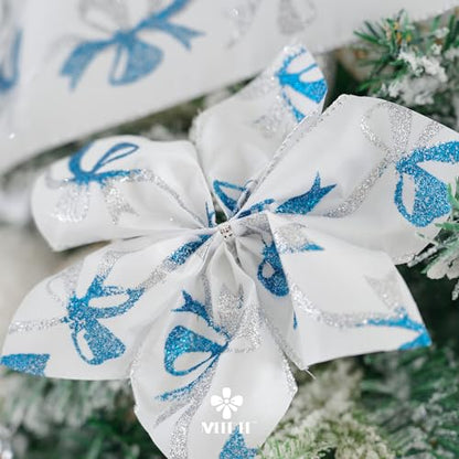 Blue and Silver Christmas Ribbon 2.5 Inch White Satin Ribbons with Turqupise and Silver Glittery Bows Pattern 10 Yards Christmas Wired Ribbon for Tree (30 Foot)