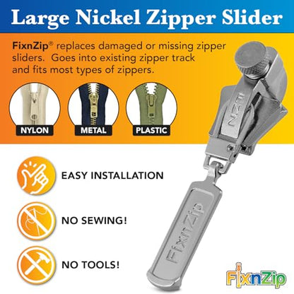 Large Nickel) - See Size Guide - Universal Zipper Repair Kit for Wetsuits, Luggage, Bags - Backpack Zipper Replacement Repair Kit - Instant Zipper Fix
