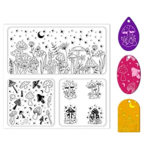 Polymer Clay Texture Sheet Mushrooms Silicone Texture Stamp Stars Flowers Clay Texture Mat Modeling Pattern Pad Polymer Clay Tools for Jewelry Earring Making DIY Craft