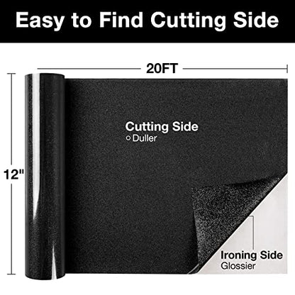 Black Glitter HTV Heat Transfer Vinyl Roll 12 inch x 20 ft Iron on Vinyl for T Shirts Crafts Bulk