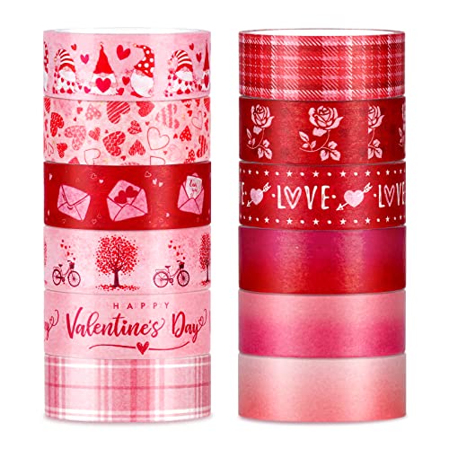 12 Rolls Valentine Washi Tape Red Pink Heart Gnome Love Masking Tape for Wedding Scrapbook DIY Craft Gift Wrapping (196.8 Foot)
