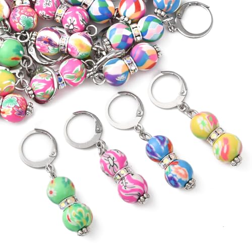 1 Box 20Pcs Stitch Markers Crochet Stitch Marker Cute Round Polymer Clay Beads Charms Clip On Removable Leverbacks Zipper Pull Charm Locking Knitting Markers for Yarns DIY Sewing Quilting (20 Count)