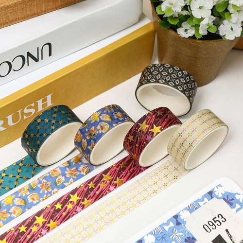 12 Rolls Charming Washi Tape Set Gold Silver Foil Detailing Arts Adhesive Tapes Basic Patterns Decorative Masking Tape Sets for Craft (12 Count)