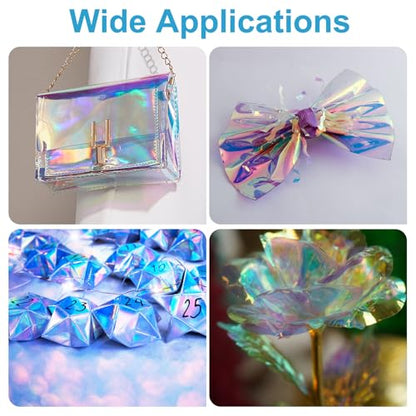 Holographic Clear PVC Vinyl Film Holographic PVC Fabric Waterproof Dichroic Film 12 x 48 Inch for Handbags Bows Earrings DIY Craft