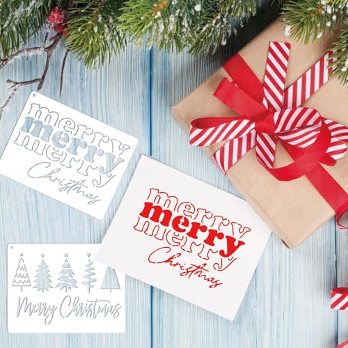 16pcs Merry Christmas Stencils for Card Making Reusable Drawing Believe Christmas Stencils for Painting on Wood Signs (16 Count)