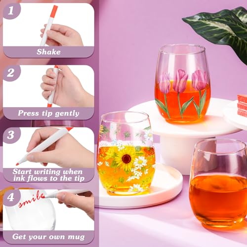 4 Sets Crafts Gift Paint Your Own Wine Glass 15 oz Painting 12 Pcs DIY Markers 12 Colors Acrylic Paint with Brushes to Design Your Own Personalized Craft (16 Count)