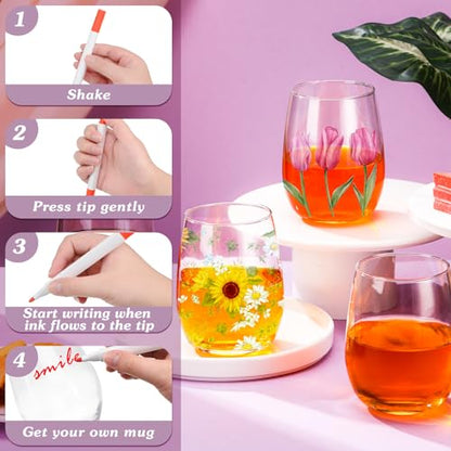 4 Sets Crafts Gift Paint Your Own Wine Glass 15 oz Painting 12 Pcs DIY Markers 12 Colors Acrylic Paint with Brushes to Design Your Own Personalized Craft (16 Count)