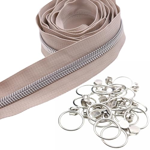 5 Silver Metallic Nylon Coil Zippers by the Yard Bulk 10 Yards Beige Zipper Tape with 25pcs Silver Ring Pull Sliders for DIY Sewing Tailor Craft Bag
