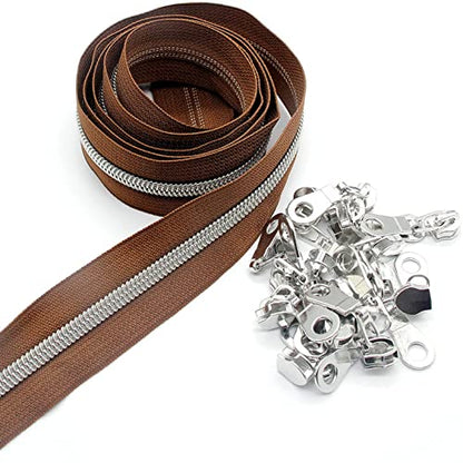 5 Metallic Silver Nylon Coil Zippers by the Yard Bulk 10 Yards Brown Zipper Tape with 25pcs Silver Sliders for DIY Sewing Tailor Craft Bag