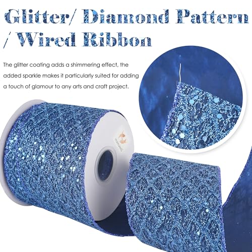 Navy Blue Glitter Wired Christmas Ribbon 4 inch x 10 Yards (30 Foot)