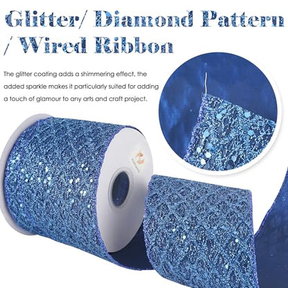 Navy Blue Glitter Wired Christmas Ribbon 4 inch x 10 Yards (30 Foot)