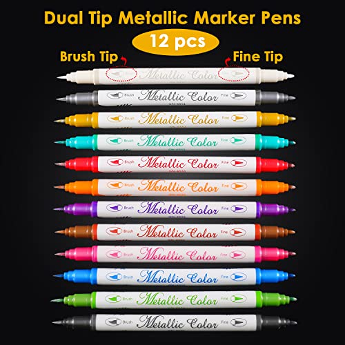 Metallic Markers Dual Tip Metallic Marker Pens Brush and Fine Point Pens for Black Paper (12 Count)