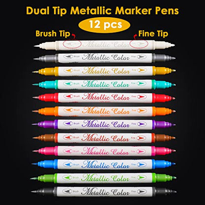 Metallic Markers Dual Tip Metallic Marker Pens Brush and Fine Point Pens for Black Paper (12 Count)