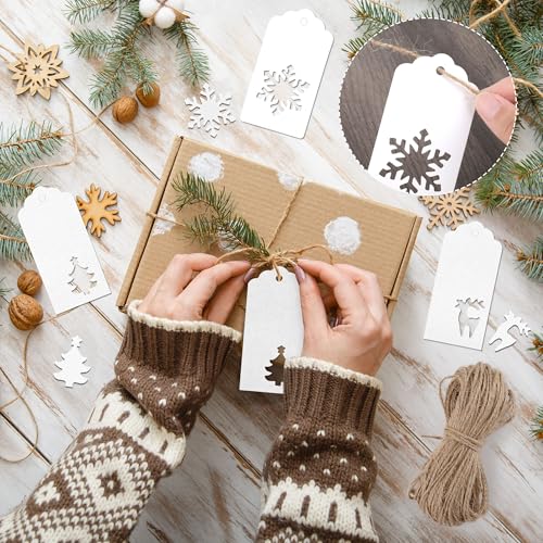 150 Pieces Christmas Paper Gift Tags White Kraft Tags Hang Labels Christmas Tree Snowflake Reindeer Design with 30 Meters Jute Twine for Christmas DIY Wrapping Favor Holiday Present
