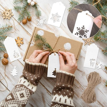 150 Pieces Christmas Paper Gift Tags White Kraft Tags Hang Labels Christmas Tree Snowflake Reindeer Design with 30 Meters Jute Twine for Christmas DIY Wrapping Favor Holiday Present