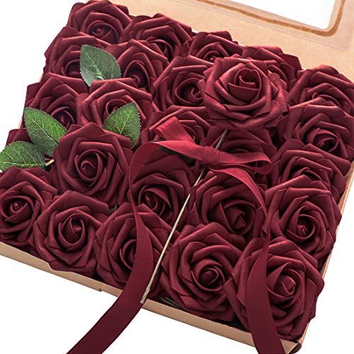 Artificial Flowers 25pcs Real Looking Burgundy Foam Fake Roses with Stems for DIY Wedding Bouquets Red Bridal Shower Centerpieces Party Decorations (25 Count)