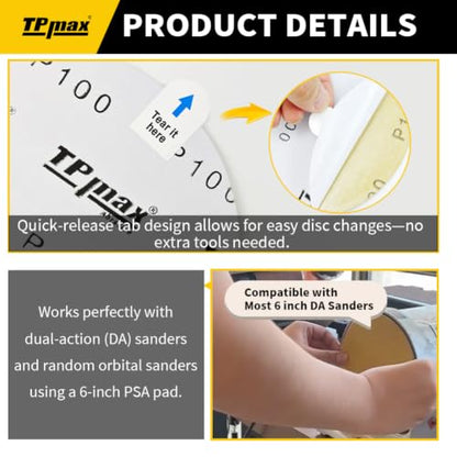 6-Inch 80-Grit Gold PSA Sanding Discs, 40 Pack – Pro-Grade Self-Adhesive Stickyback Sandpaper with Quick-Release Tabs for DA Sander, Medium-Coarse Automotive/Wood/Metal Sanding (40 Count)