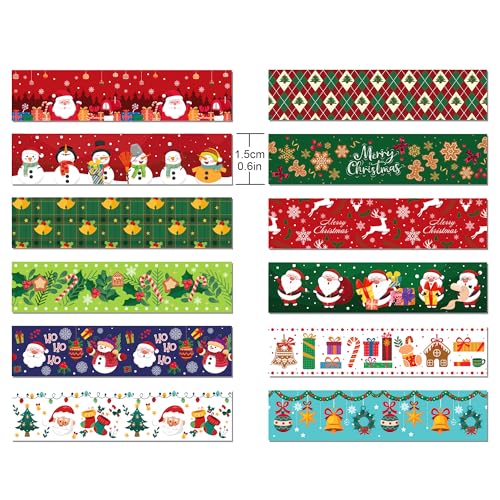 12 Pcs Christmas Washi Tape Merry Christmas Print Masking Tape Christmas Tree Snowman Santa Claus Pattern Decorative Paper Sticker for Christmas Party Holiday Scrapbook Handbook Sticker (12 Count)