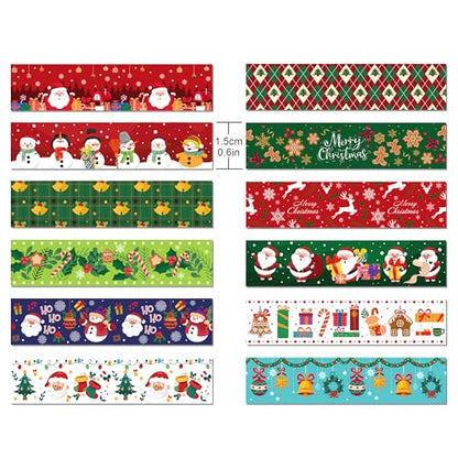 12 Pcs Christmas Washi Tape Merry Christmas Print Masking Tape Christmas Tree Snowman Santa Claus Pattern Decorative Paper Sticker for Christmas Party Holiday Scrapbook Handbook Sticker (12 Count)