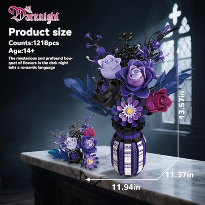 Flowers Bouquet Building Set Roses Purple Botanical Collection Gothic Gifts for Mothers Day for Women Adults Girls 14+ Home Office Decor