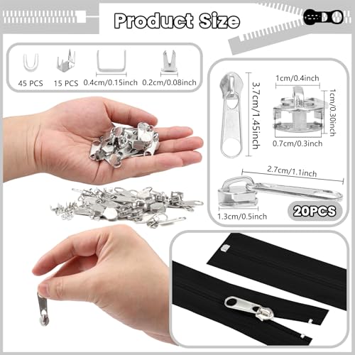 20Pcs Silver Zipper Repair Kit Zippers Replacement 5# Zipper Pull Rescue Kit for Clothing Jackets Purses Luggage Backpacks (20 Count)