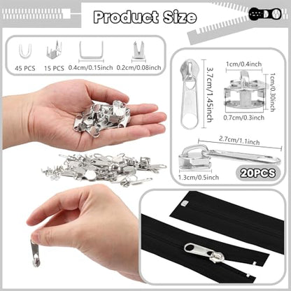 20Pcs Silver Zipper Repair Kit Zippers Replacement 5# Zipper Pull Rescue Kit for Clothing Jackets Purses Luggage Backpacks (20 Count)