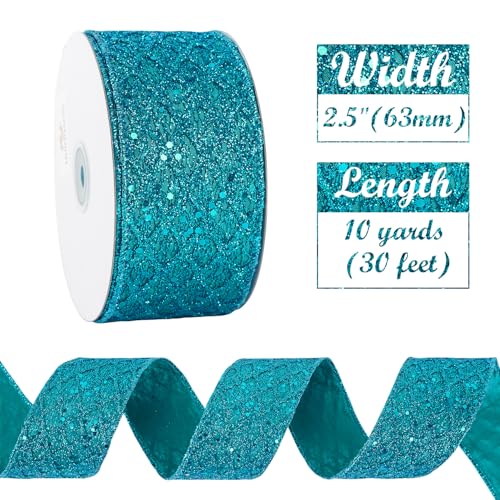 Turquoise Glitter Wired Christmas Ribbon 2.5 inch x 10 Yards (30 Foot)