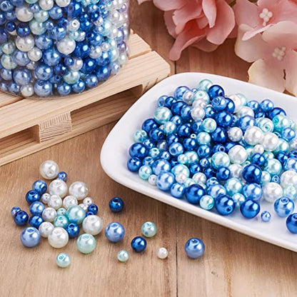 1840Pcs 4/6/8mm Glass Pearl Beads Multi Colors Round Spacer Pearlized Beads for DIY Craft Jewelry Making, Mixed Blue & White (1840 Count)
