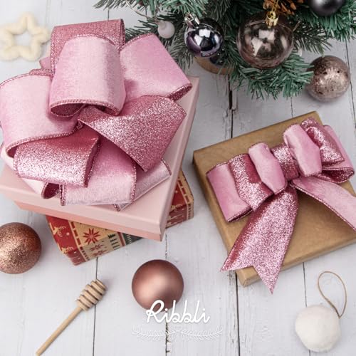 Pink Velvet Wired Ribbon 2.5 Inch Pink Velvet with Glitter Christmas Ribbon for Christmas Tree Decoration Big Bow Gift Wrapping Crafts Wreaths Supplies (30 Foot)