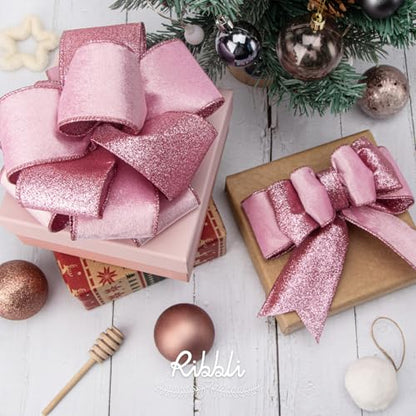 Pink Velvet Wired Ribbon 2.5 Inch Pink Velvet with Glitter Christmas Ribbon for Christmas Tree Decoration Big Bow Gift Wrapping Crafts Wreaths Supplies (30 Foot)