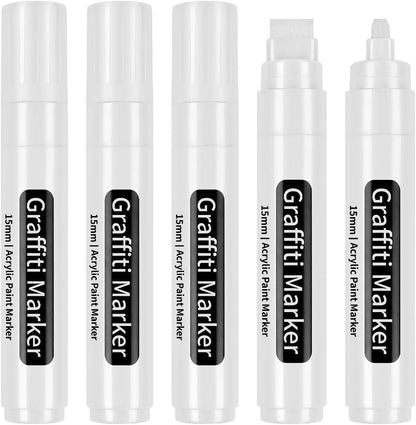 White Poster Markers Jumbo Paint Pen: 5 pcs 15mm Wide Tip Thick Acrylic Paint Pen Large Graffiti Markers for Rock Painting, Stone, Sign, Canvas, Glass, Wood, Ceramic