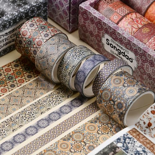12 Rolls Exotic Charm Washi Tape Set Floral Arts Adhesive Tapes Geometric Garden Decorative Masking Tape Sets for Craft (12 Count)