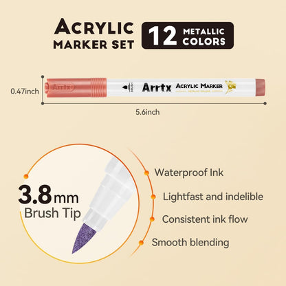 Arrtx 12 Colors Metallic Acrylic Paint Pens for Rock Painting, Extra Fine Tip Metallic Brush Marker for Rock Painting, Ceramic, Glass, Canvas, Mug, Wood, Easter Egg, Waterproof Paint DIY Crafts Making