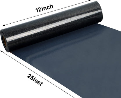 FUNKAKA Glitter Black HTV Heat Transfer Vinyl Rolls, 12" x 25ft PU Iron on Vinyl for T-Shirt Black Glitter HTV Vinyl for All Cutter Machines Easy to Cut & Weed for Heat Vinyl Design