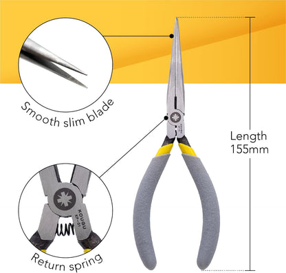 Super Precision Long Needle Nose Pliers - 6 Inch Steel Mini Long Nose Pliers With Non Serrated Edge & Non Slip Handles - Great For Jewelers, Fine Crafting, & Other High Precision Projects - Crafty Corner
