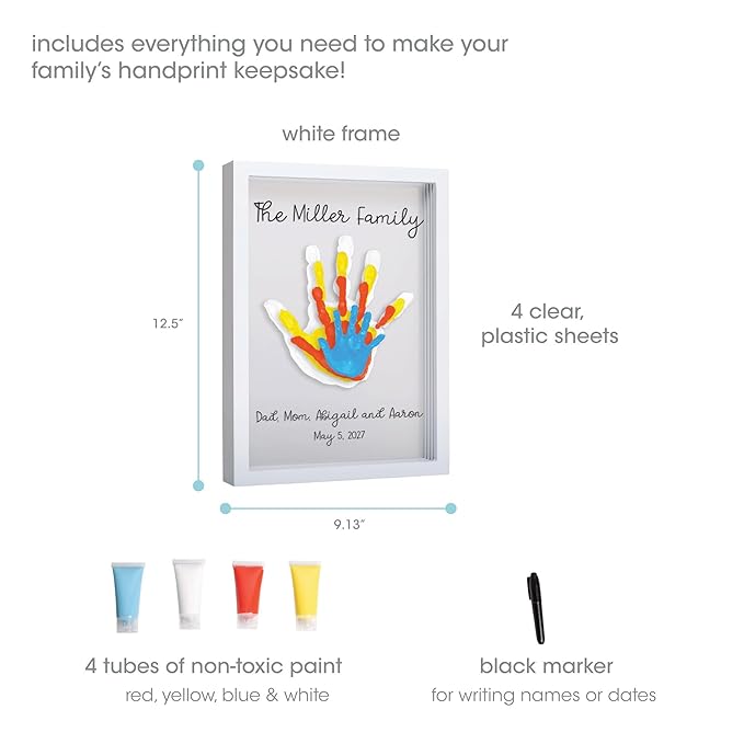 Pearhead Clear Family Handprint Frame, Gift for Moms from Kids, DIY Art Print Keepsake, Wall Home Decor, Gift for New and Expecting Parents, 4 Paint Colors Included