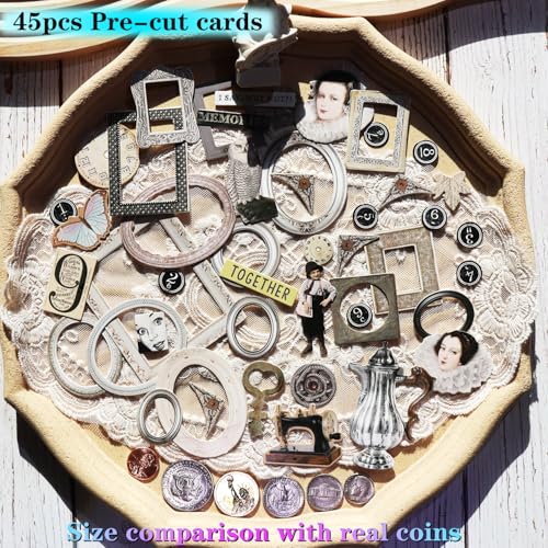 Vintage Junk Journal Items Kit Pre Cut Paper Cards Cutout Cardstock Art Aesthetic Decor Hollow Out Craft Elements Small Embellishments Supplies for Adults Scrapbook Pack
