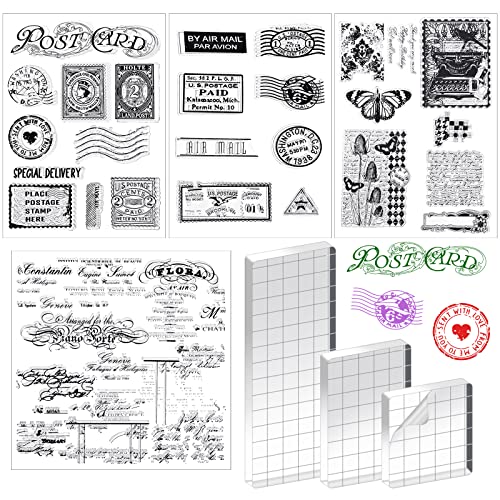 7 Pcs Vintage Rubber Clear Stamps Set 4 Sheet Transparent Postage Silicone Stamps 3 Pcs Acrylic Stamp Block Tools with Grid Lines Rubber Craft Supplies for DIY Scrapbooking Journaling