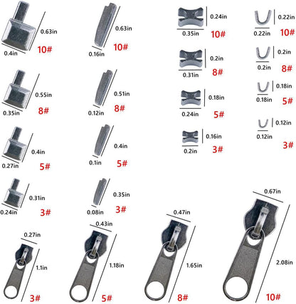 Platinum 48-Piece Metal Zipper Repair Accessories Set - DIY Sewing Kit with Zipper Head Slider, Retainer Box, Insert Pin, Top & Bottom Stoppers for 3# 5# 8# 10# Zippers