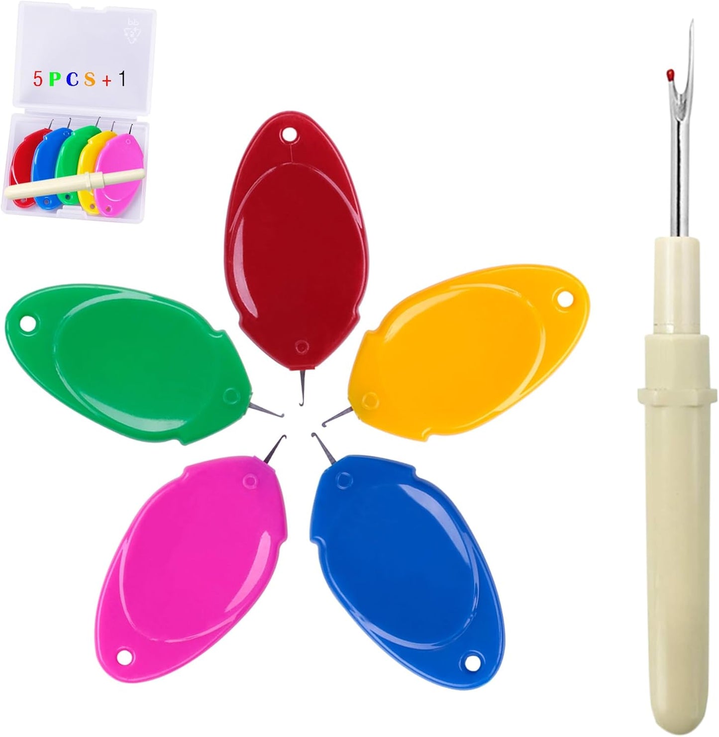 meeggrace Needle Threader, Seam Ripper,Small Needle Eye Threader Tool, Easy Threader for Machine and Hand Sewing, Fast and Precise Threading and Unthreading, Ideal for Needlework(5PCS+1)