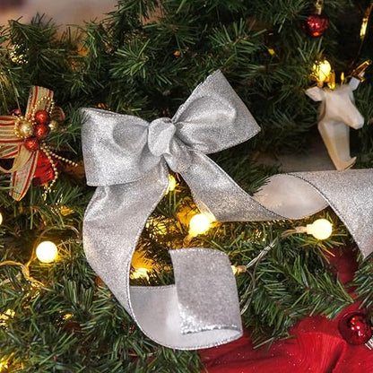 Glitter Wired Ribbon 2.5" x 10 Yards Silver for Christmas Home Decor Bow Gift Wrapping DIY Crafts Wreath (30 Foot)