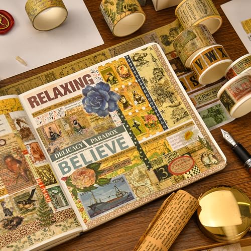 36 Rolls Vintage Washi Tape Pack Retro Arts Adhesive Tapes Wide Chronicle Decorative Masking Tape Sets for Craft (36 Count)