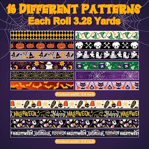 16 Rolls Halloween Washi Tape Holiday Masking Tape Stickers Glod Foil Decorative Tape for Scrapbook Journal DIY Craft Gift Wrapping（Halloween (157 Foot)