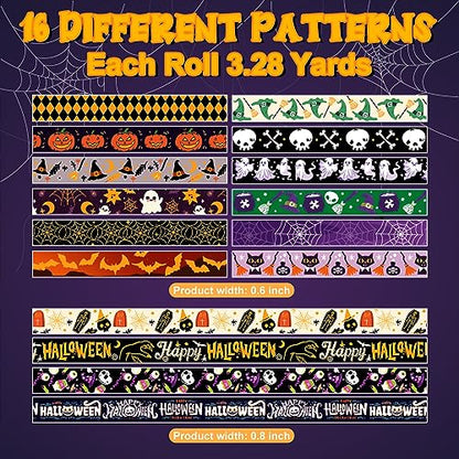 16 Rolls Halloween Washi Tape Holiday Masking Tape Stickers Glod Foil Decorative Tape for Scrapbook Journal DIY Craft Gift Wrapping（Halloween (157 Foot)