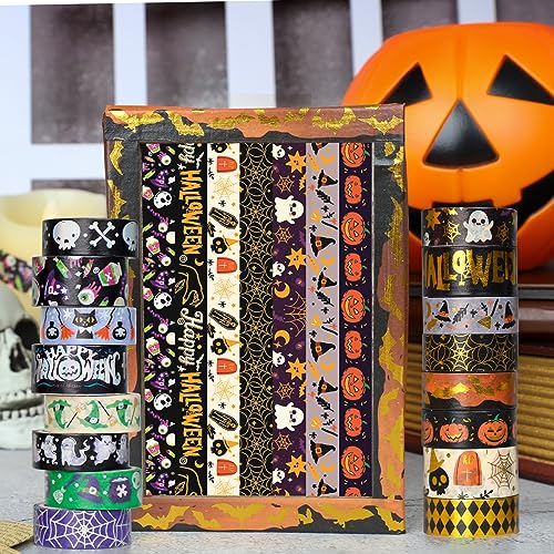 16 Rolls Halloween Washi Tape Holiday Masking Tape Stickers Glod Foil Decorative Tape for Scrapbook Journal DIY Craft Gift Wrapping（Halloween (157 Foot)