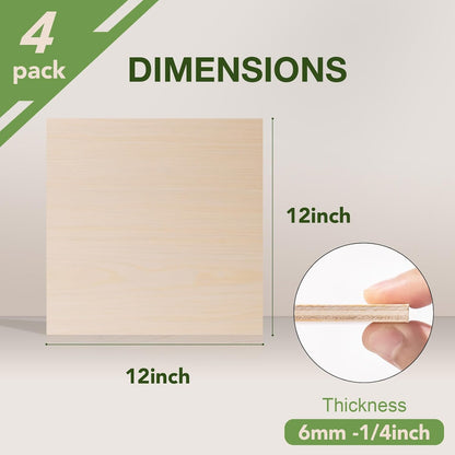 4 Pack Maple Plywood Sheets, 12 x 12 x 1/4 Inch, 6mm Plywood for Laser Cutting, Thin Unfinished Wood Sheets for Architectural Models, Wood Burning and DIY Crafts
