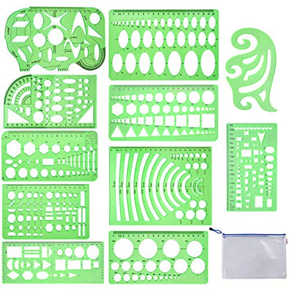 11 Pieces Geometric Drawings Templates Stencils Plastic Measuring Template Rulers Clear Green Shape Template for Drawing Engineering Drafting Building School Office Supplies (11 Count)