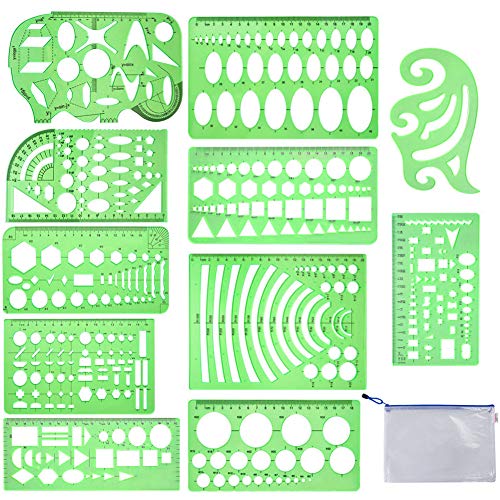 11 Pieces Geometric Drawings Templates Stencils Plastic Measuring Template Rulers Clear Green Shape Template for Drawing Engineering Drafting Building School Office Supplies (11 Count)